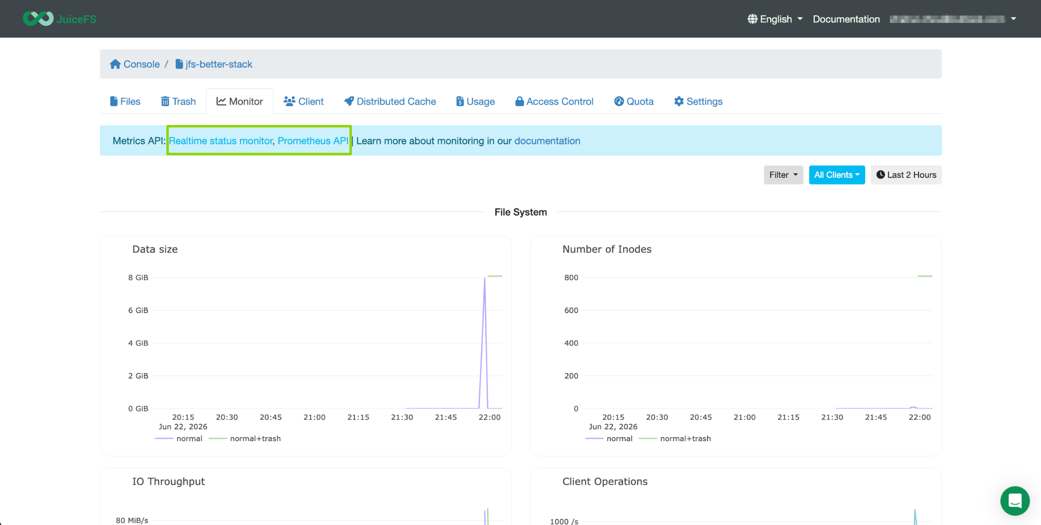 JuiceFS file system metrics APIs in the Monitor tab